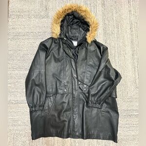 CBO New York Vintage Women’s Leather Parka Coat w/ Faux Fur Hood Oversized 3X